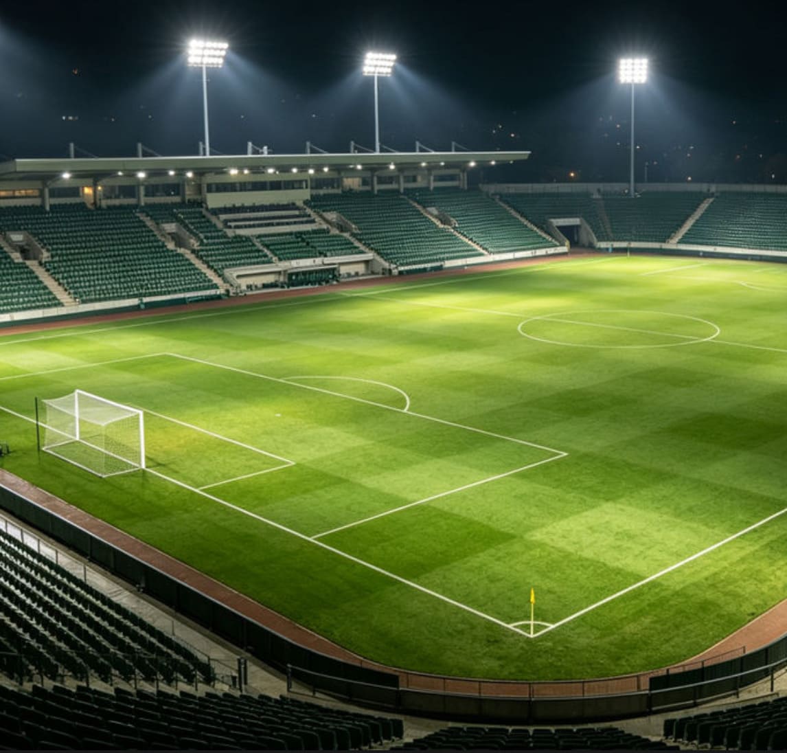 LED flood light illuminating a stadium